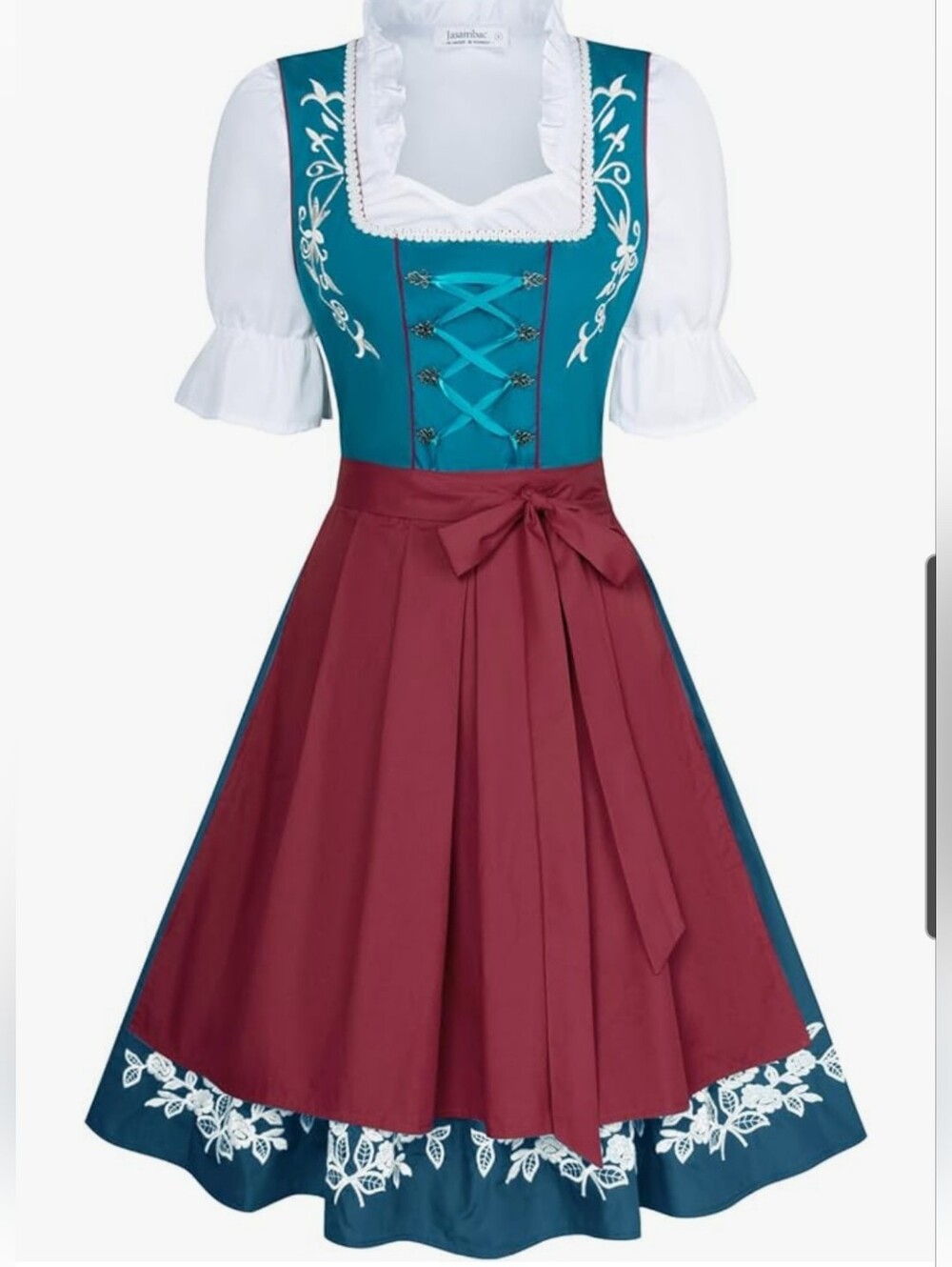 Teal & Burgundy Embroidered German Oktoberfest  Dirndl Dress with Apron XL